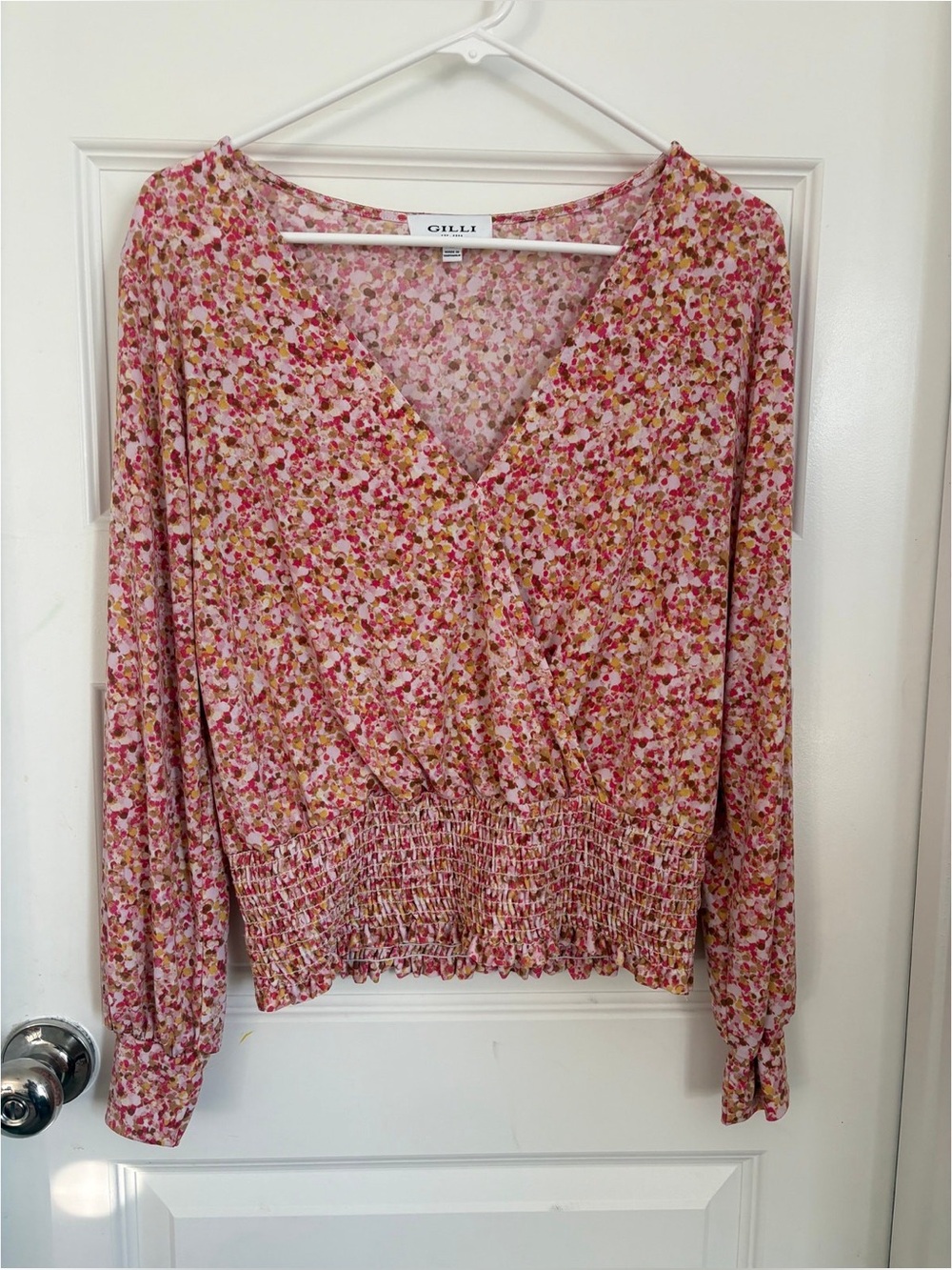 Gilli Floral Blouse Medium Pink Ditsy Floral Smocked Waist Long Sleeve Top
